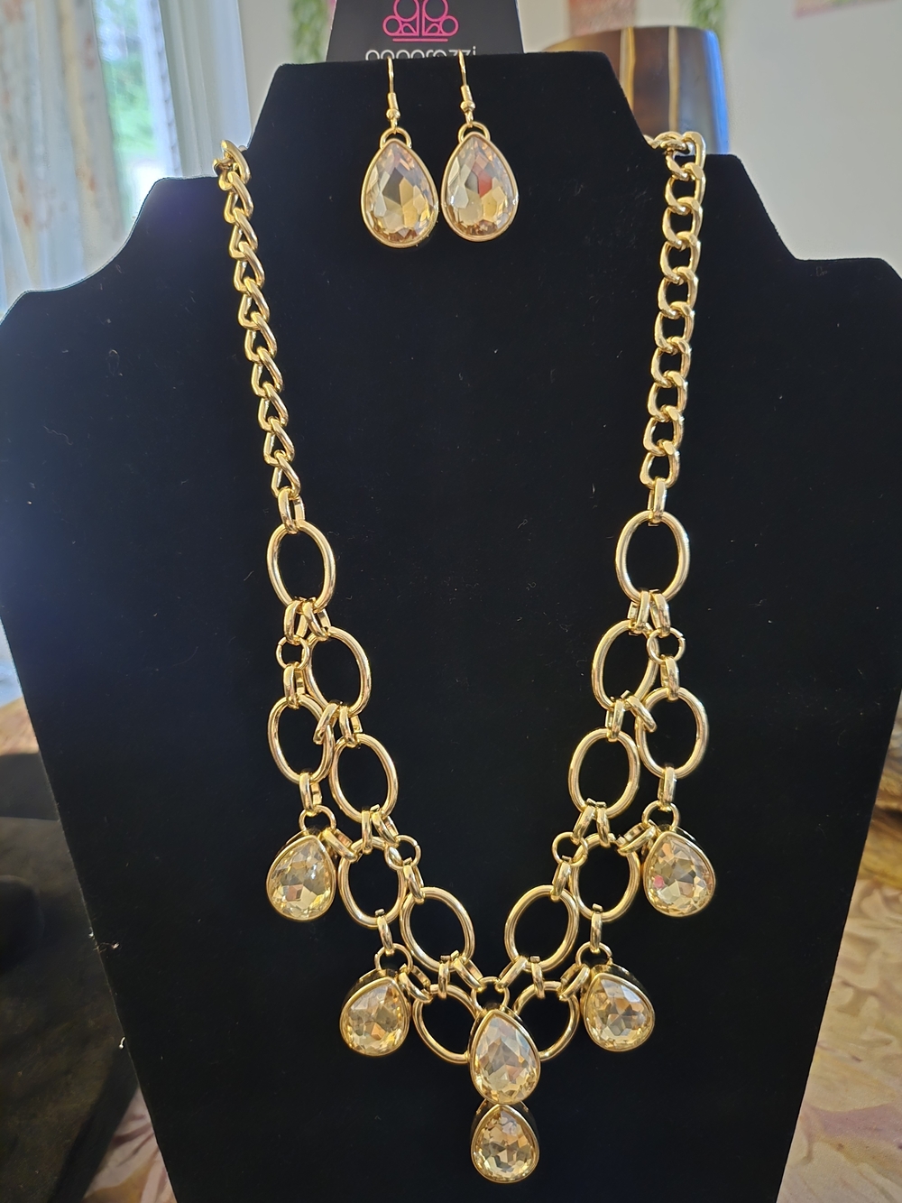 paparazzi Gold Teardrop Crystal Bib Necklace and Earring Set